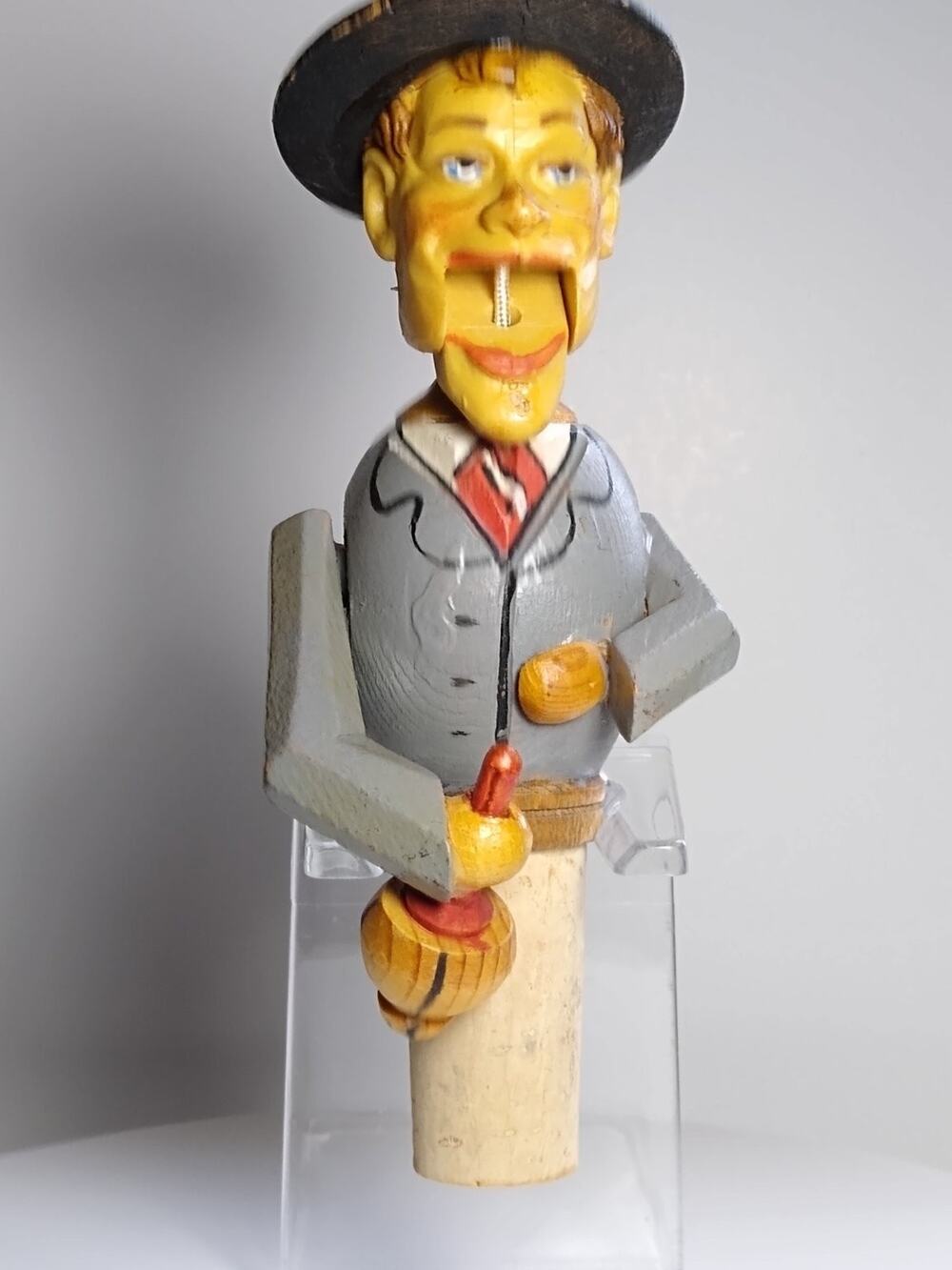 Vintage ANRI Wood Bottle Stopper Figurine Man Folk Art Wine Drinker Cork
